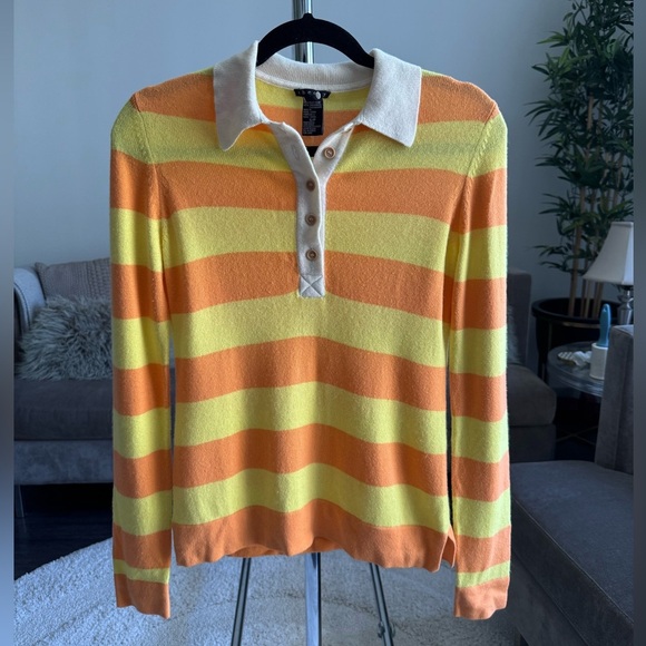 Theory Cashmere Silk Striped Orange Yellow Knit Polo Long Sleeve Shirt Small - Picture 3 of 12